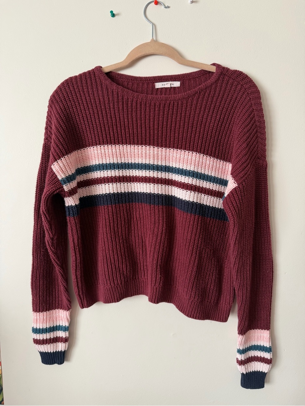 PacSun Maroon Crewneck Sweater with Pink, Navy & Teal Stripes